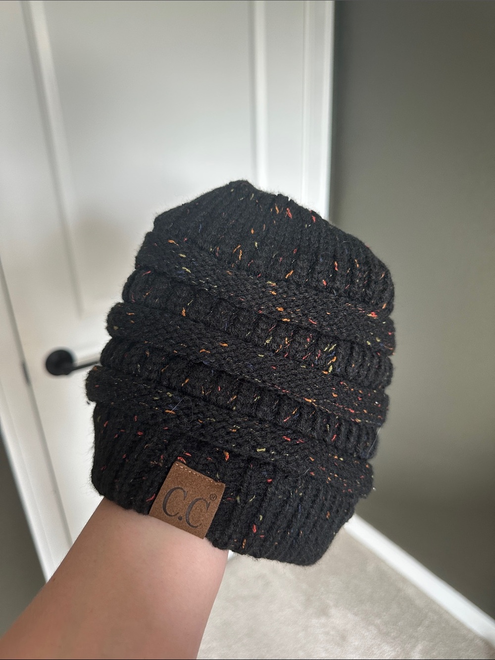 C.C Black Knit Beanie with Opening for Hair